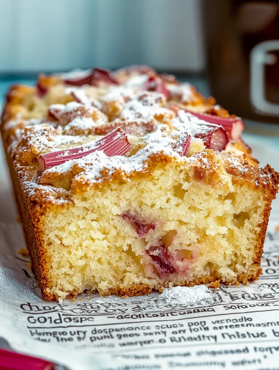 Ein Kuchen mit Rhabarber und Joghurt auf einer Tasse.