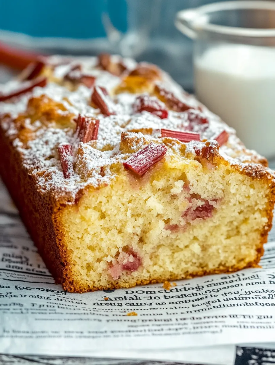 Ein Rhabarber Kuchen mit Joghurt auf einer Tasse.