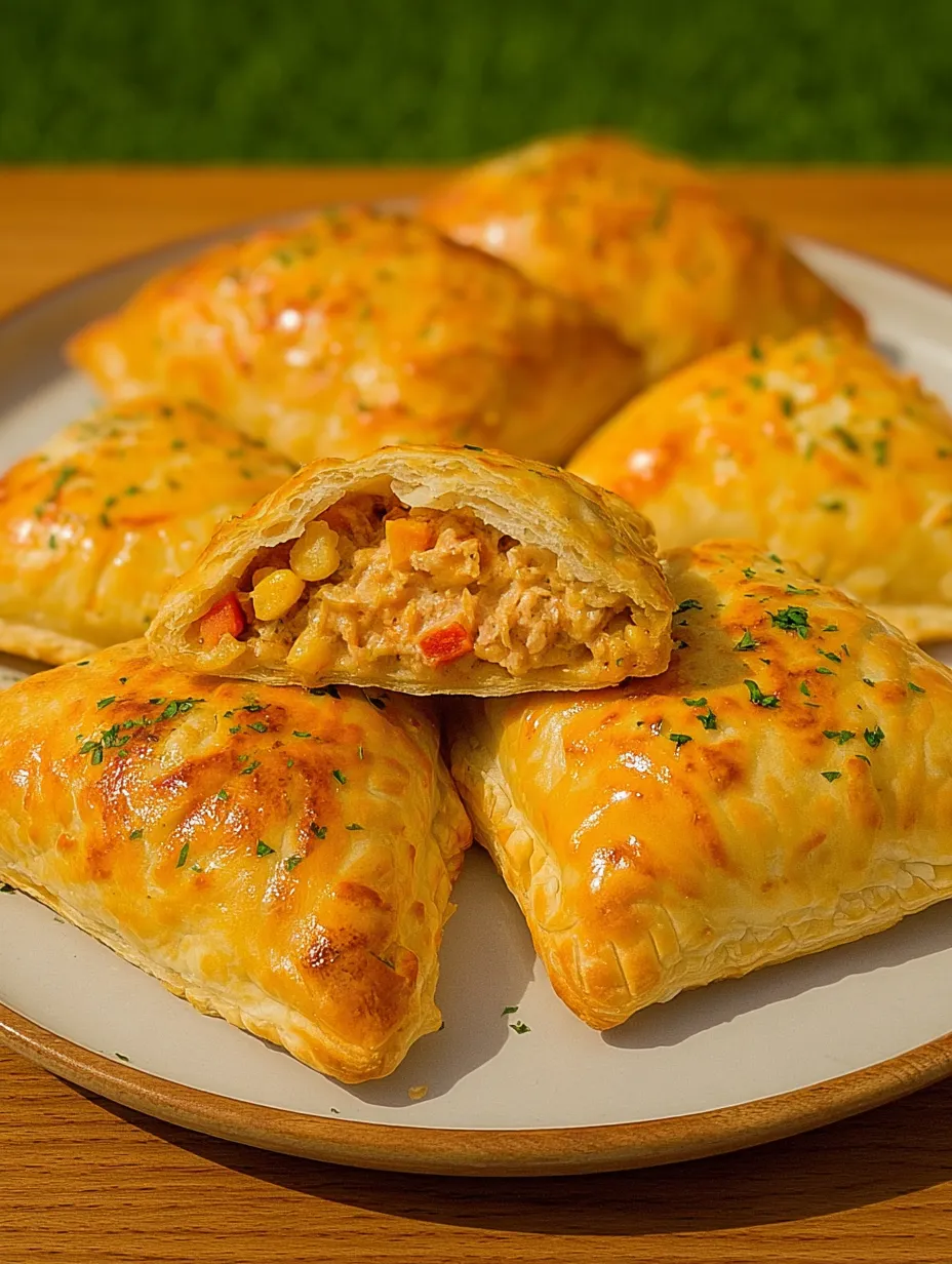 Ein weißer Teller mit sechs quadratischen, golden gebackenen, mit Käse und Zwiebeln gefüllten Puffs.