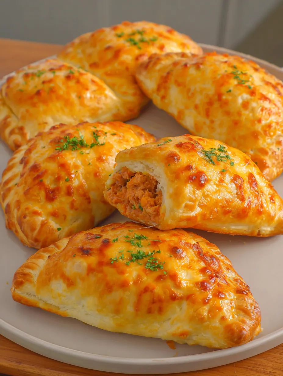 Eine Platte mit sechs quadratischen, golden-orange getönten, mit Zwiebeln und Käse gefüllten Puffs.