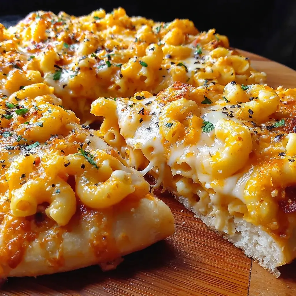 Eine Pizza mit Macaroni und Käse auf einem Tisch.