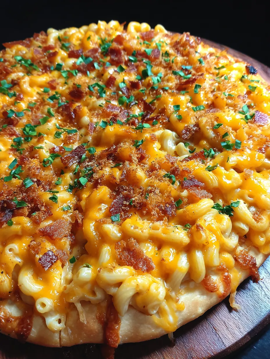 Eine Pizza mit Bacon, Macaroni und Cheese.