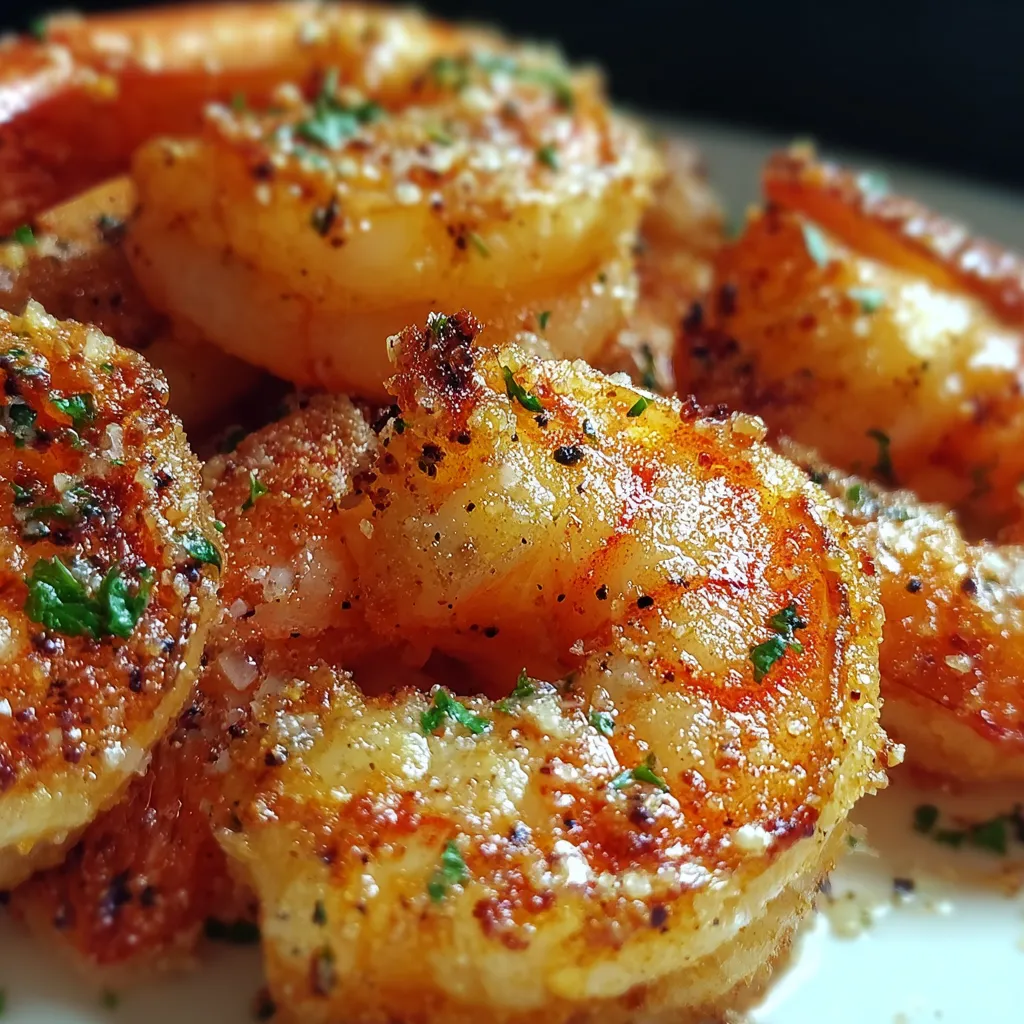 Eine Platte mit frisch zubereiteten, gegrillten Shrimp, die mit Parmesan und Zwiebeln garniert sind.