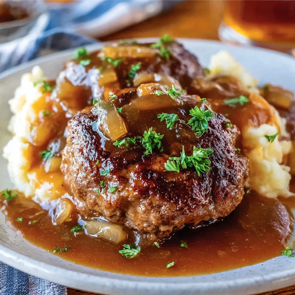 Ein Plate mit gegrilltem Fleisch und Kartoffeln, garniert mit Zwiebeln.