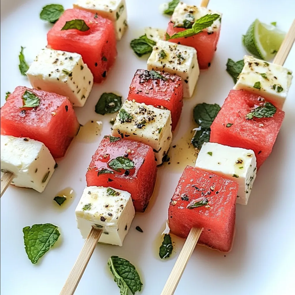Eine Reihe von Watermelon-Sticks, die mit Feta-Käse und Basilikum garniert sind.
