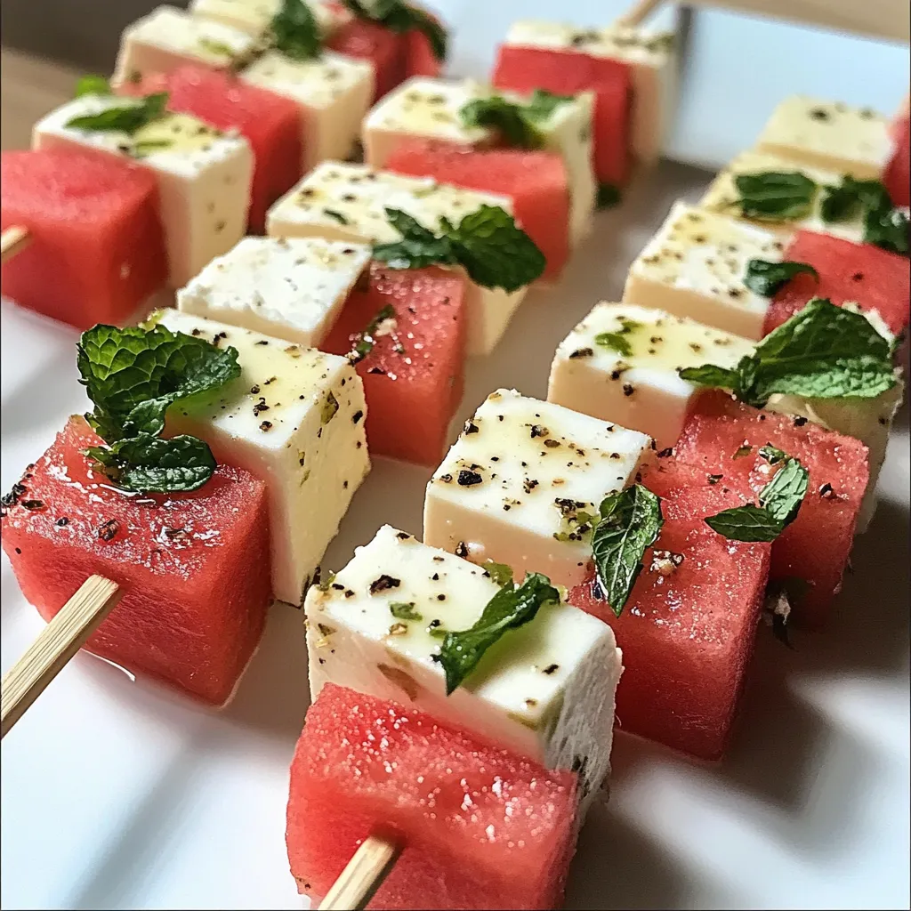 Eine Platte mit Watermelon-Konfektsticks, die mit Basilikum und Salz garniert sind.