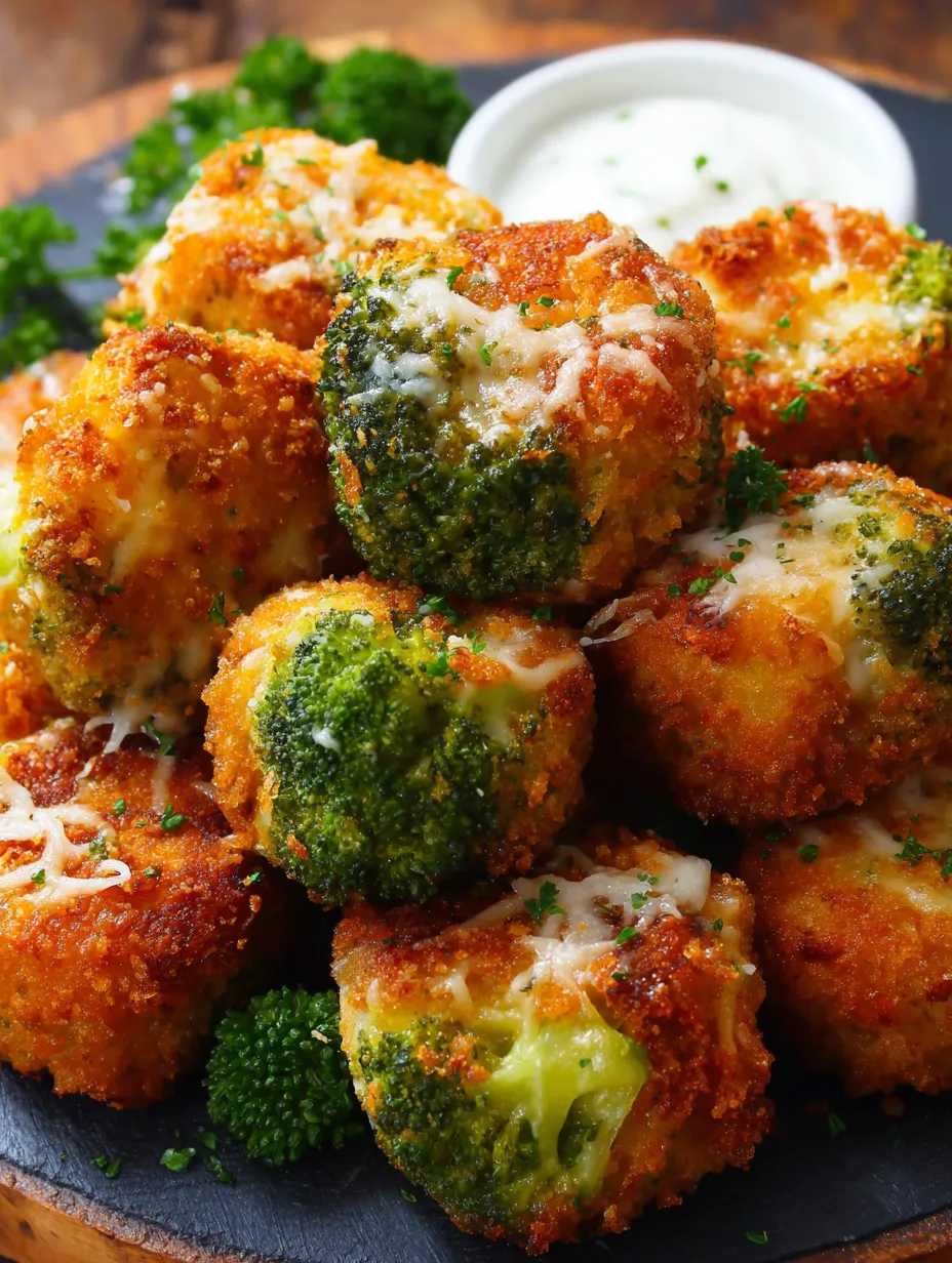 Eine Platte mit frisch zubereiteten Brokkoli-Knödel, die in einer Sauce serviert werden.