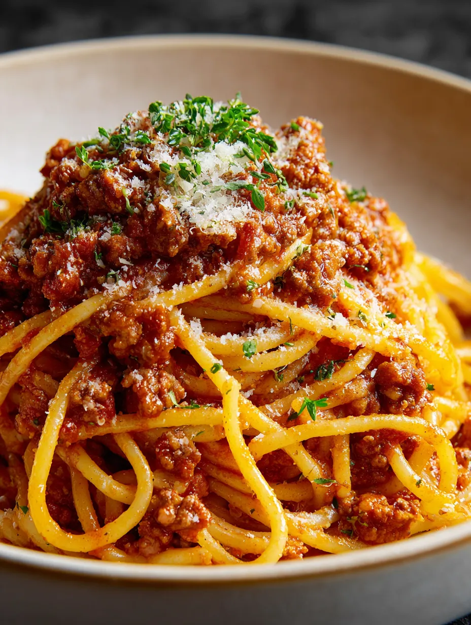 Ein Bild von Spaghetti mit Bolognese-Sauce und Parmesan-Käse.