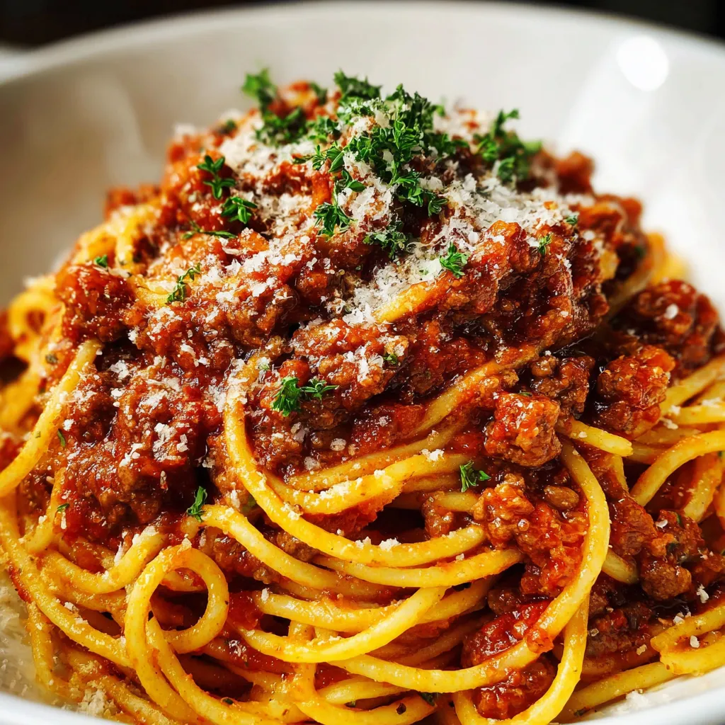 Ein weißer Teller mit Spaghetti und Tomatensoße.