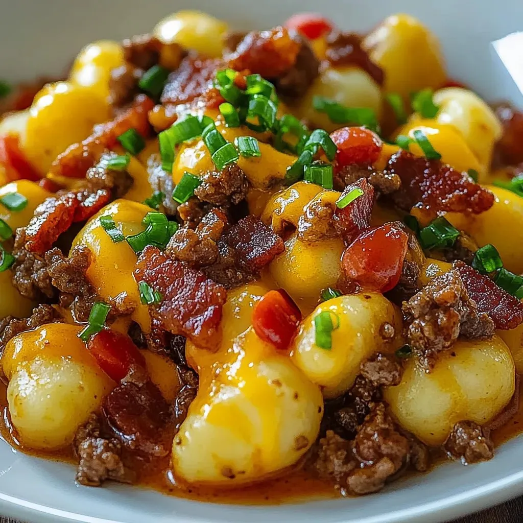 Ein weißer Teller mit einer Mischung aus Kartoffeln, Bacon, Zwiebeln und Tomaten.