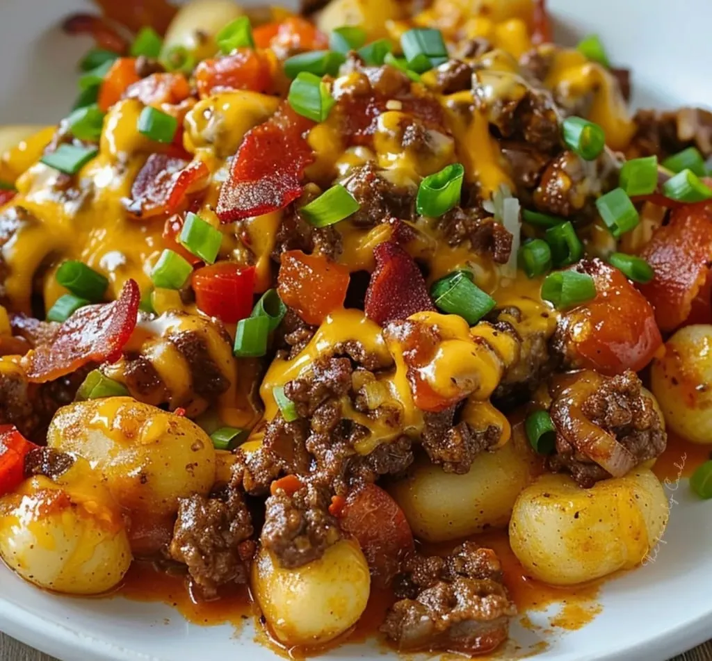 Eine Platte mit einer Mischung aus Kartoffeln, Zwiebeln, Tomaten, Bacon und Käse.