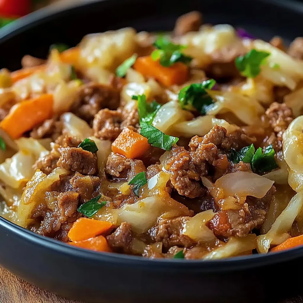 Eine Pfanne mit Hackfleisch, Kohl und anderen Zutaten.