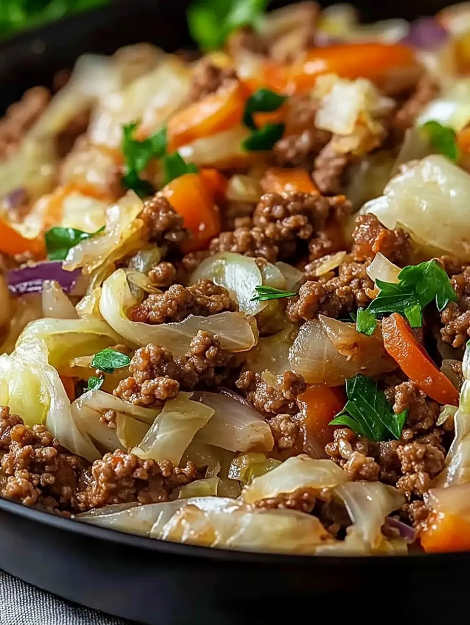 Eine Pfanne mit einer Mischung aus Hackfleisch, Kohl und Zwiebeln.