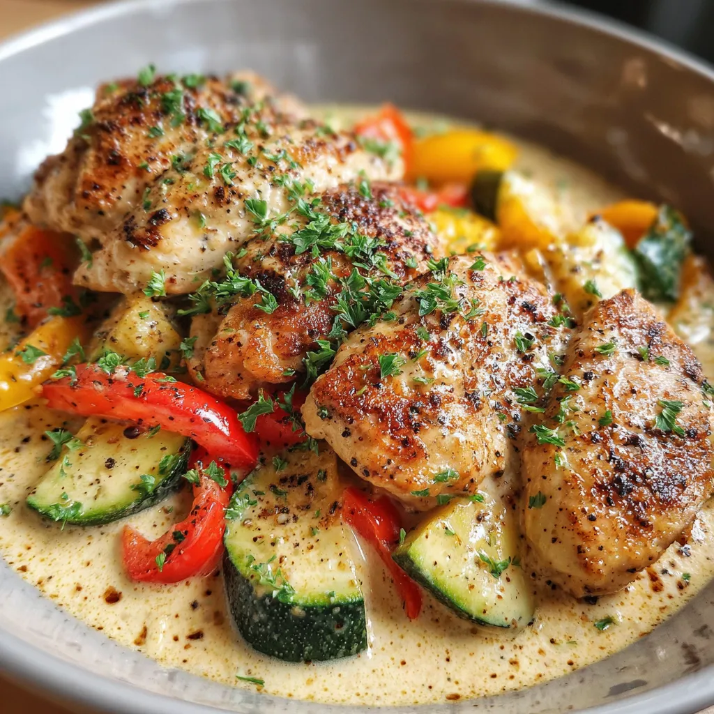 Ein Schüssel mit Zwiebeln, Paprika, Zucchini, Tomaten und Chicken.