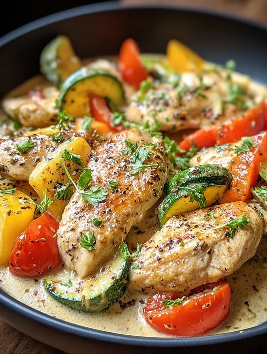 Ein Schüssel mit Zwiebeln, Tomaten, Paprika, Zucchini und Chicken.