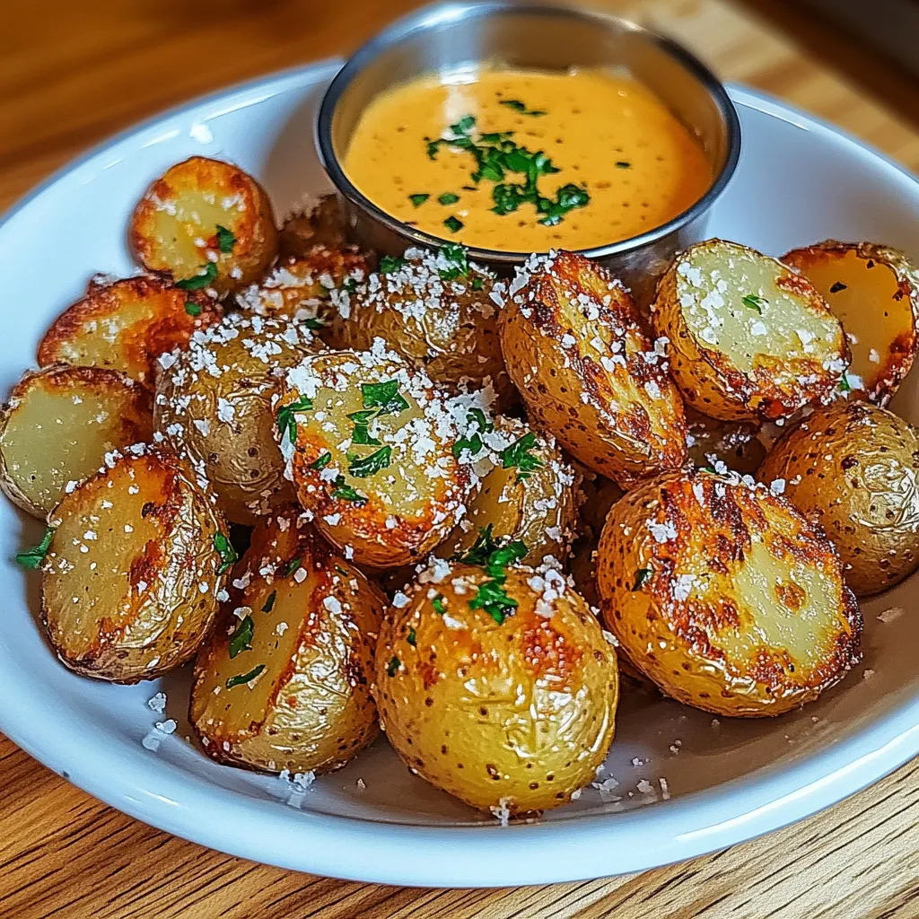 Ein weißer Teller mit gegrillten Kartoffeln und einer Sauce darauf.