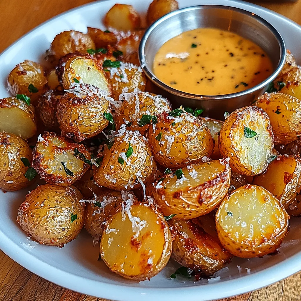 Ein weißer Teller mit gegrillten Kartoffeln und Sauce.