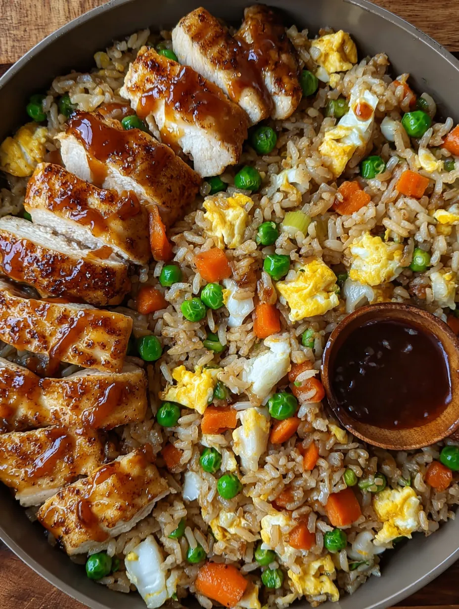 Ein Bild von einer Rice-Gerichte mit chinesischen Zutaten, darunter Kichererbsen, Karotten, Eiern und H&uuml;hnchen.