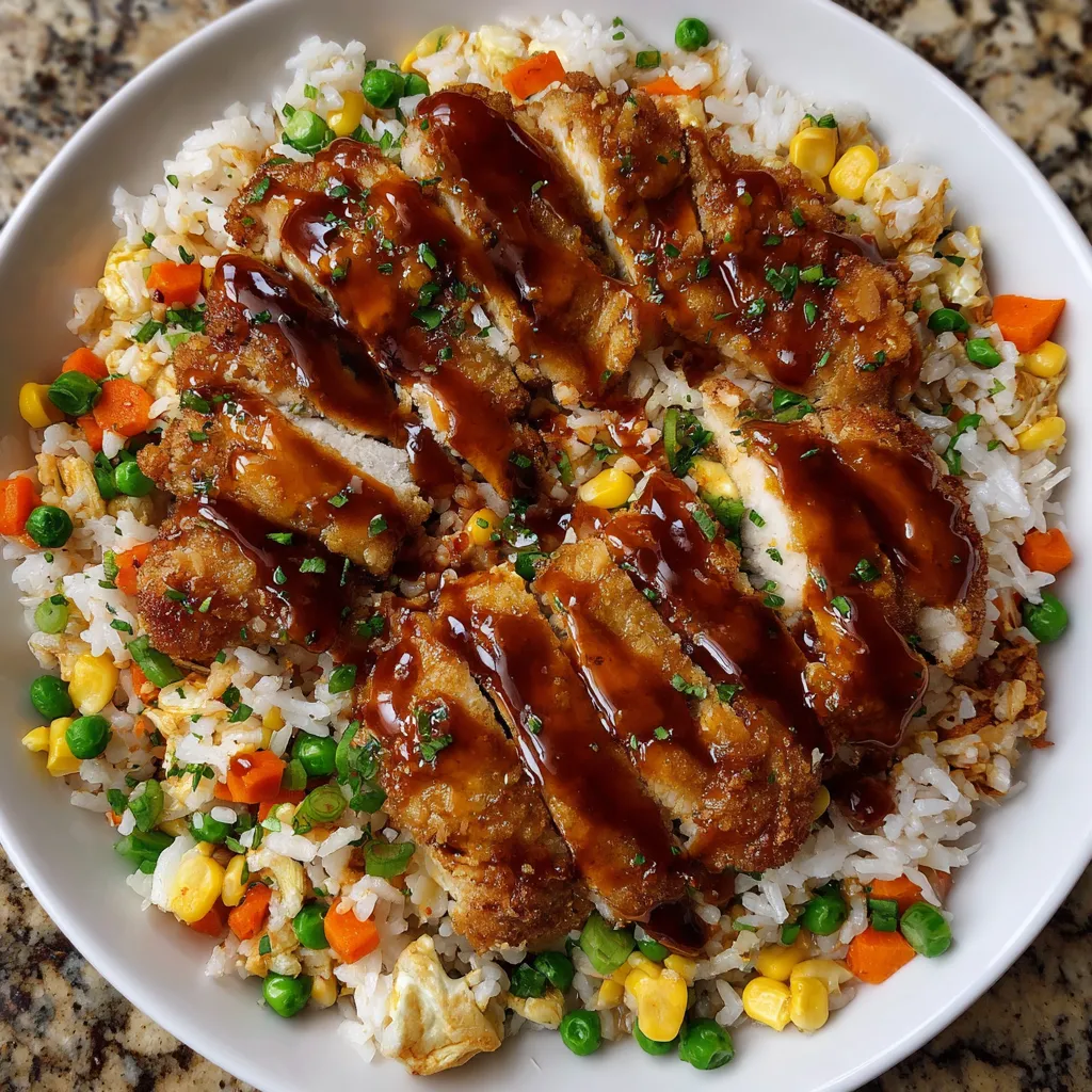 Ein weißer Teller mit Rice und Chicken.