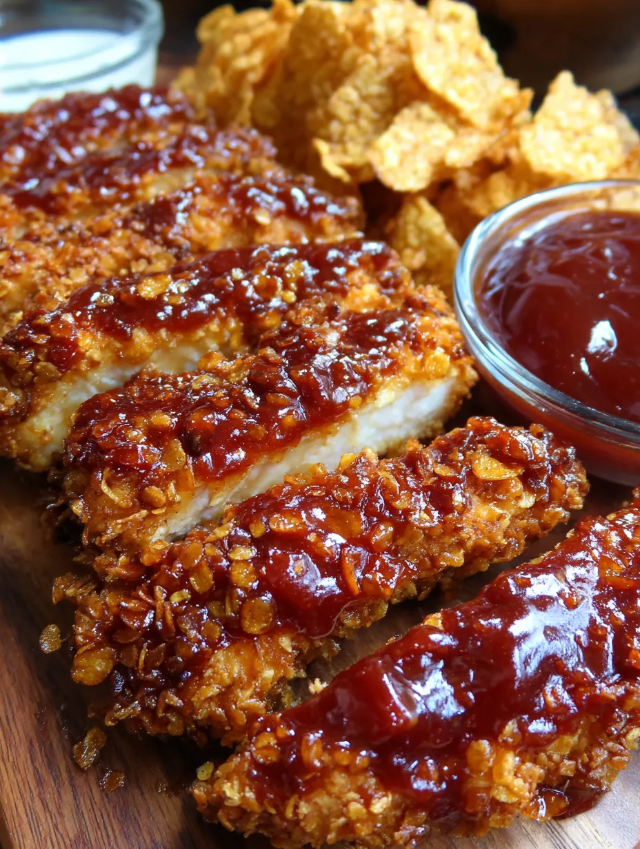 Eine Platte mit frisch zubereiteten Chicken Strips, die mit einer Sauce garniert sind.