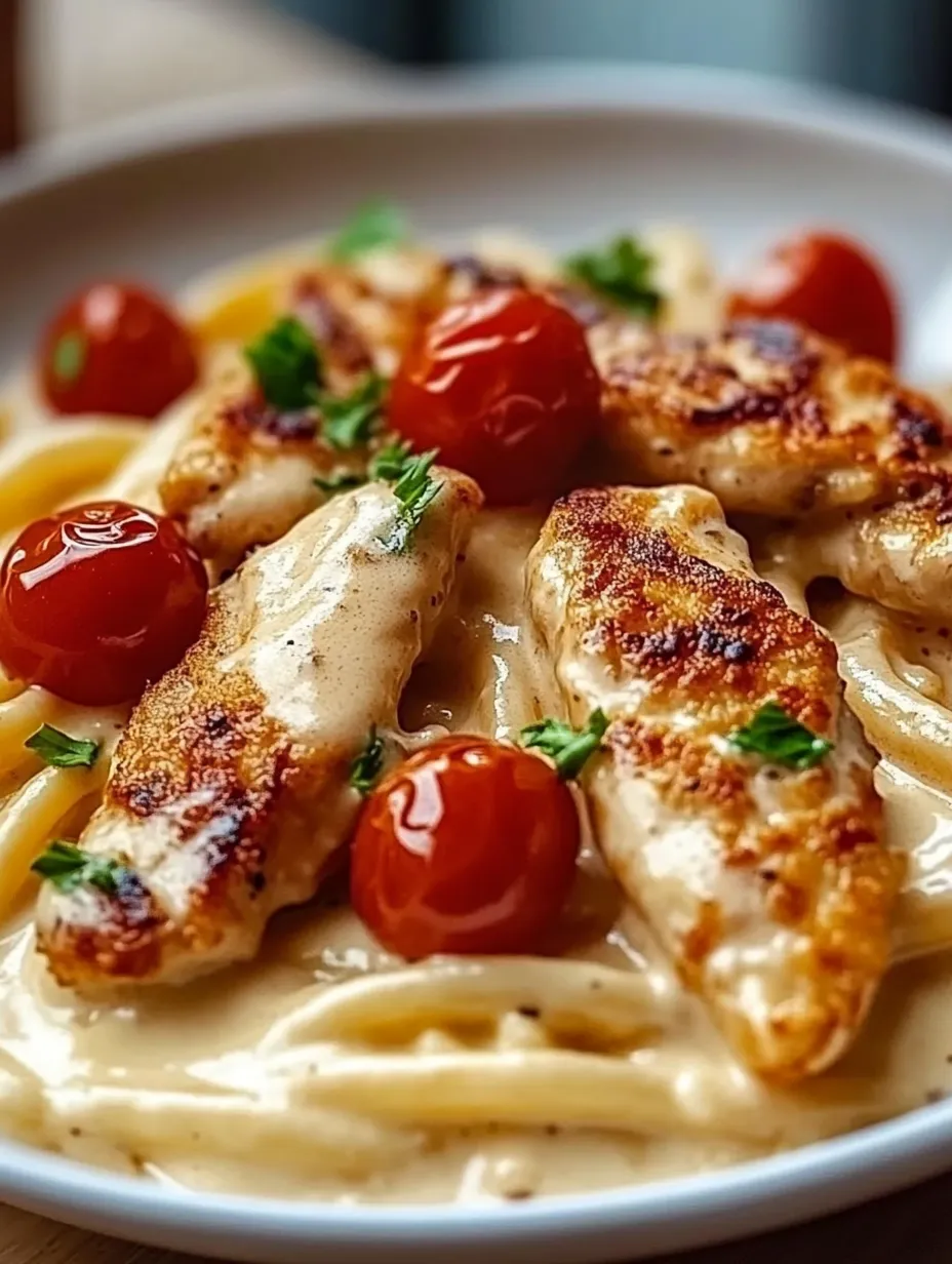 Eine Platte mit Hähnchenstreifen in Sahnesauce und Nudeln.