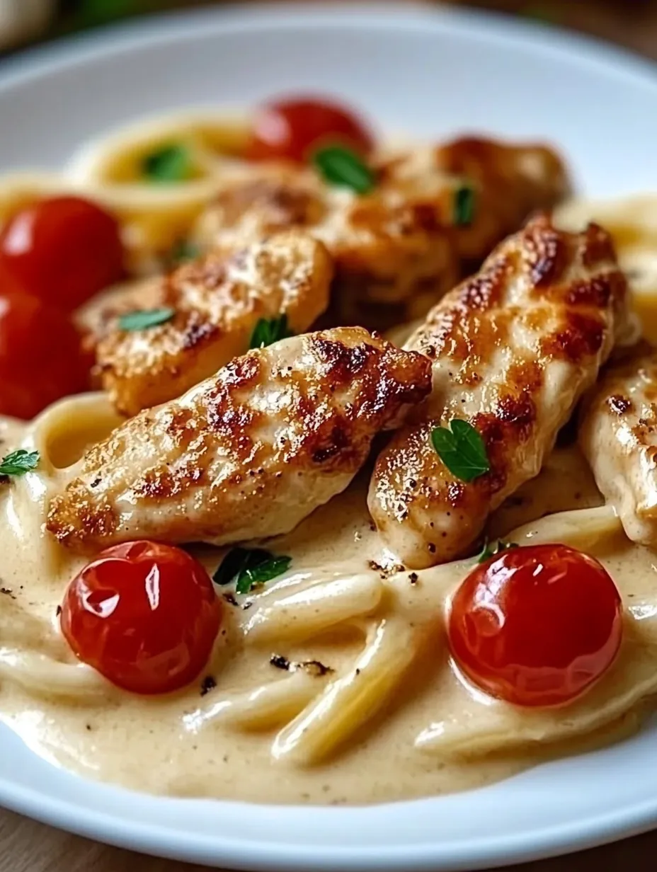 Eine Platte mit Hähnchenstreifen in Sahnesauce und Nudeln.