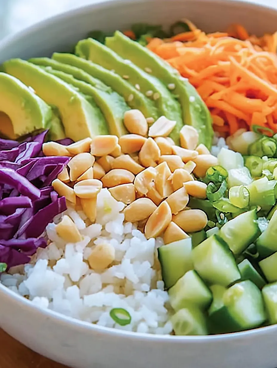 Ein Buddha Bowl mit Reis, Gemüse und Avocado.