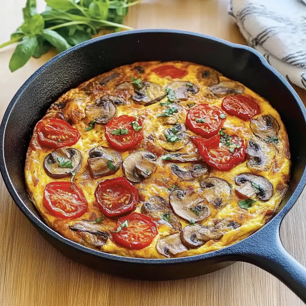 Eine Frittata mit Gemüse, die in einem schwarzen Topf auf einem Tisch serviert wird.