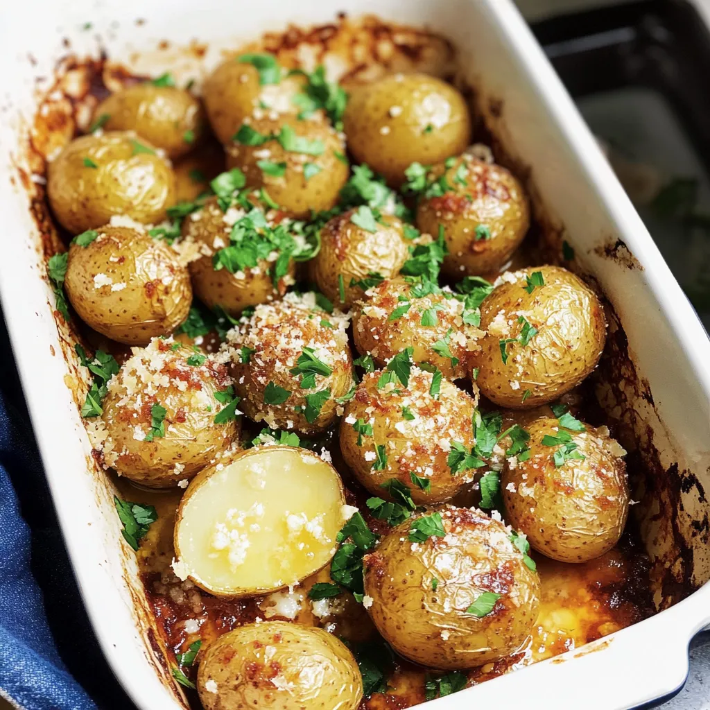 Ein weißer Teller mit Parmesankartoffeln, die knusprig aus dem Ofen sind.