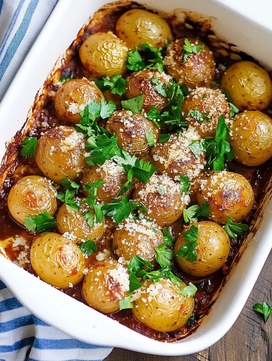 Ein weißer Teller mit Parmesankartoffeln, die aus dem Ofen kommen.