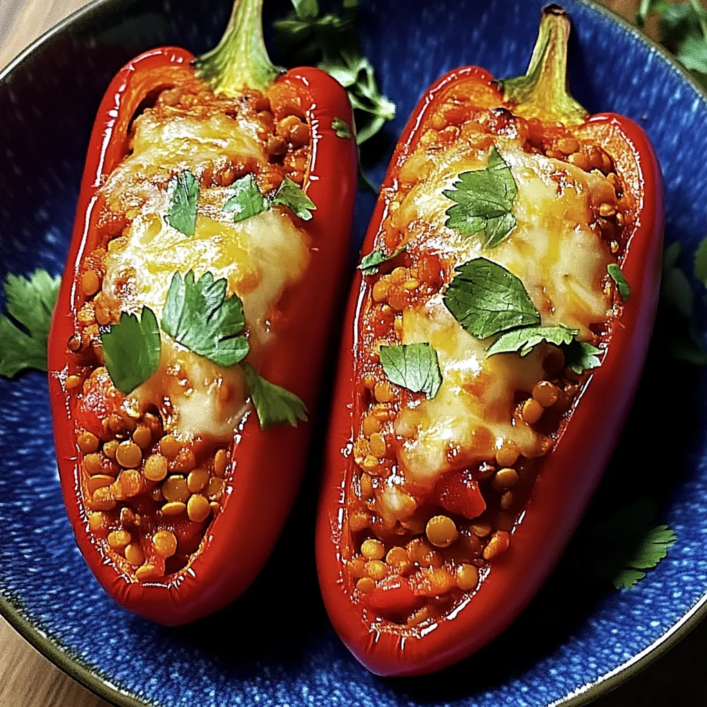Zwei Gefüllte Spitzpaprika mit roten Linsen auf einem blauen Teller.