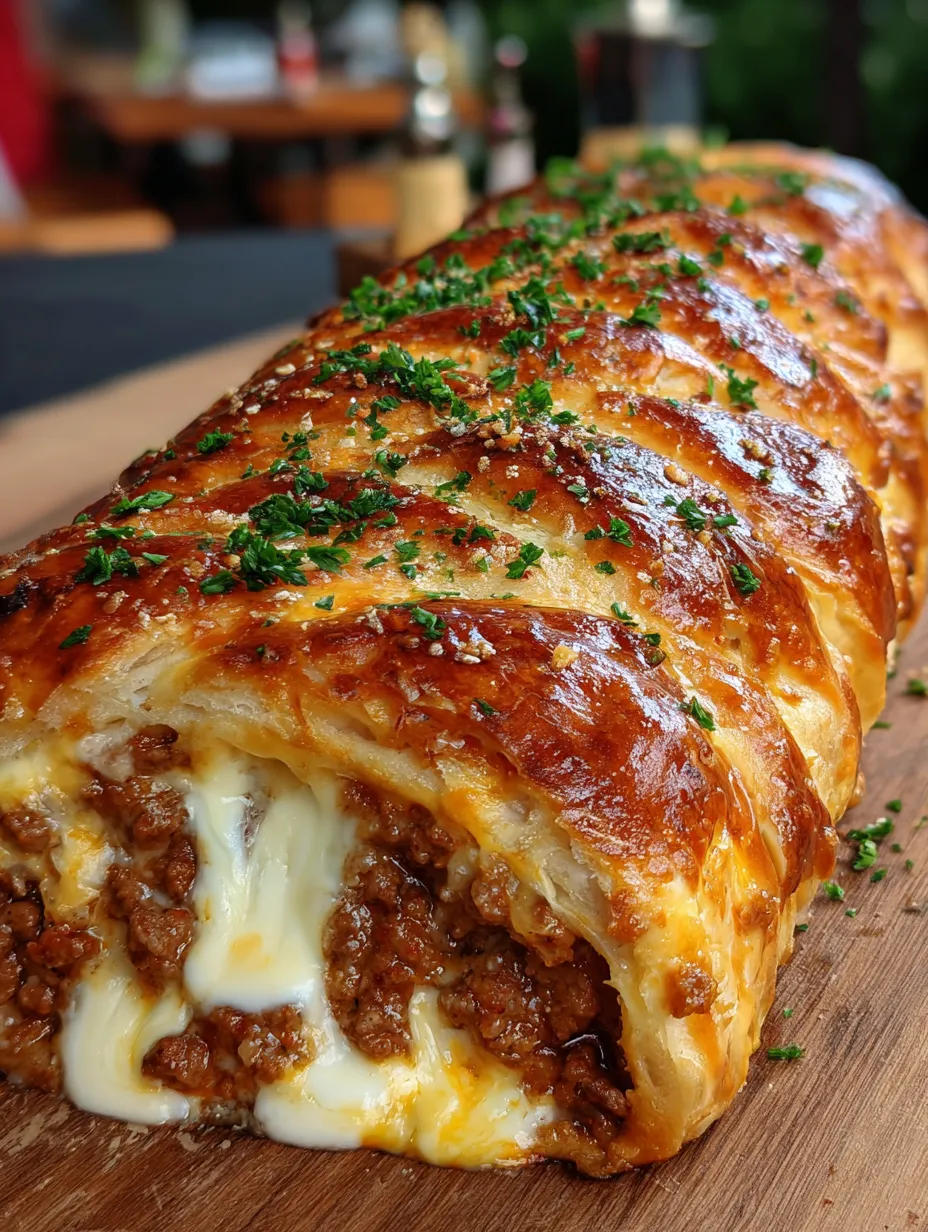 Ein großes, frittiertes Sandwich mit Käse und Rindfleisch auf einem Tisch.