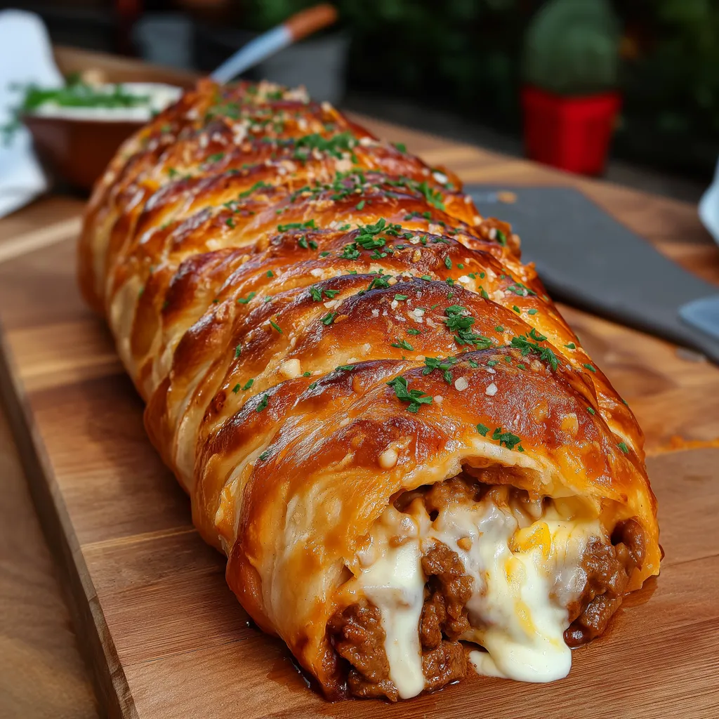 Ein großes, geröstetes Sandwich mit Käse und Sauerkraut auf einem Holzbrett.