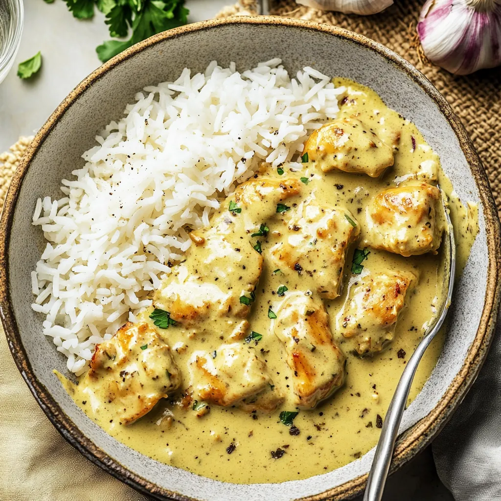 Ein Bild von Hähnchen mit Reis und einer Sauce, die auf dem Teller liegt.