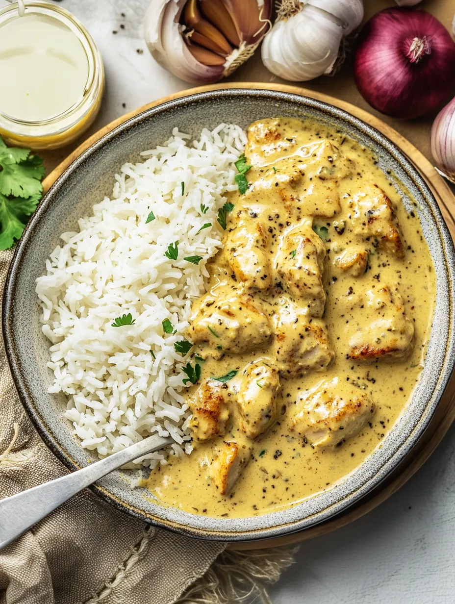 Ein Schalen mit Reis und Hähnchen in einer cremigen Sauce.