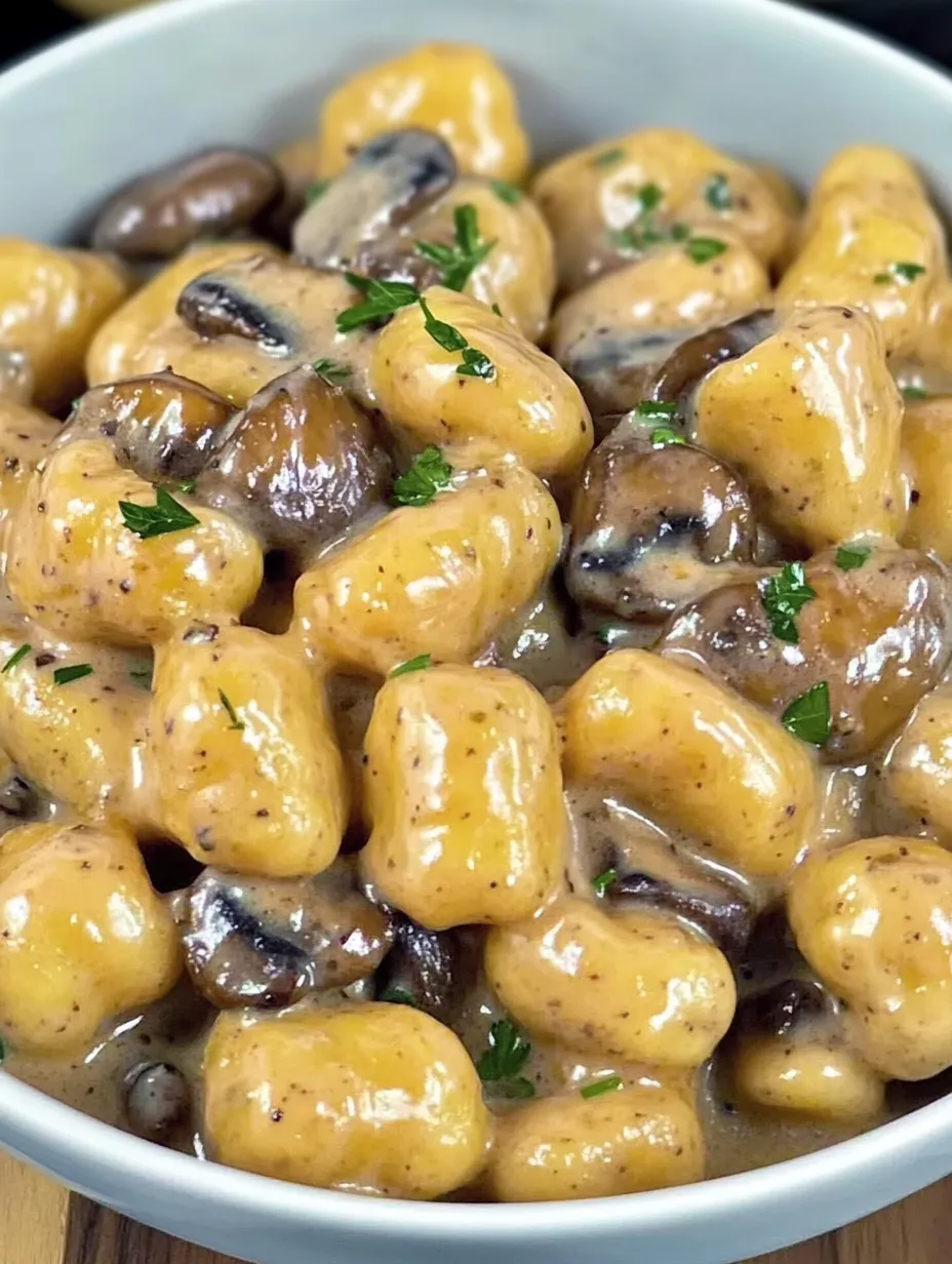 Eine Schüssel mit cremigen Gnocchi, die mit Pilzen und Speck garniert sind.