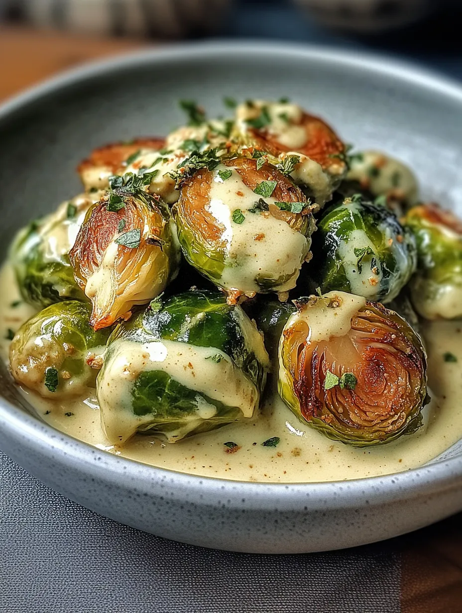 Ein Plate mit Rosenkohl in Frischkäse-Senfsauce.