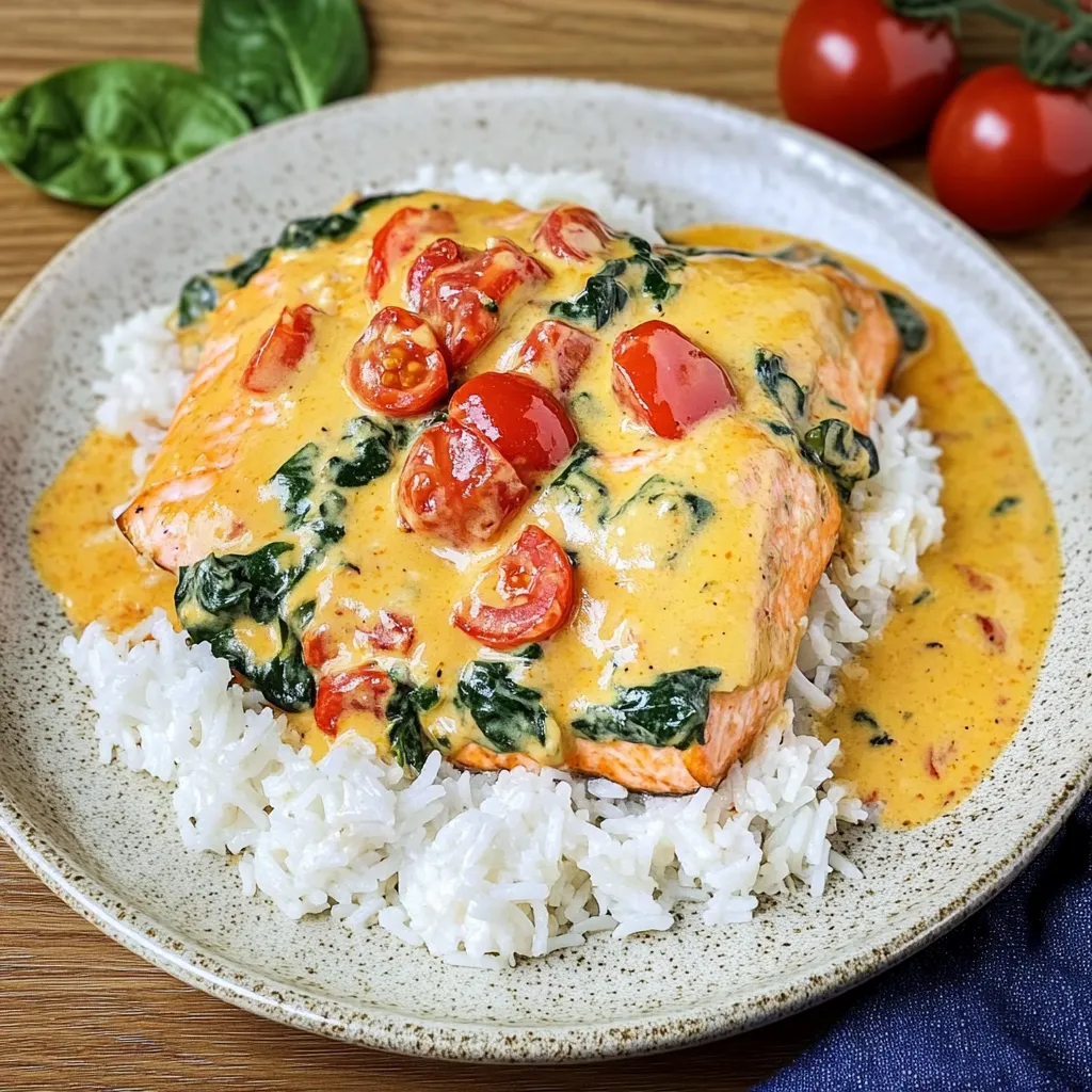 Ein Lachsfilet in Parmesansauce mit Kokosreis auf einem Teller.