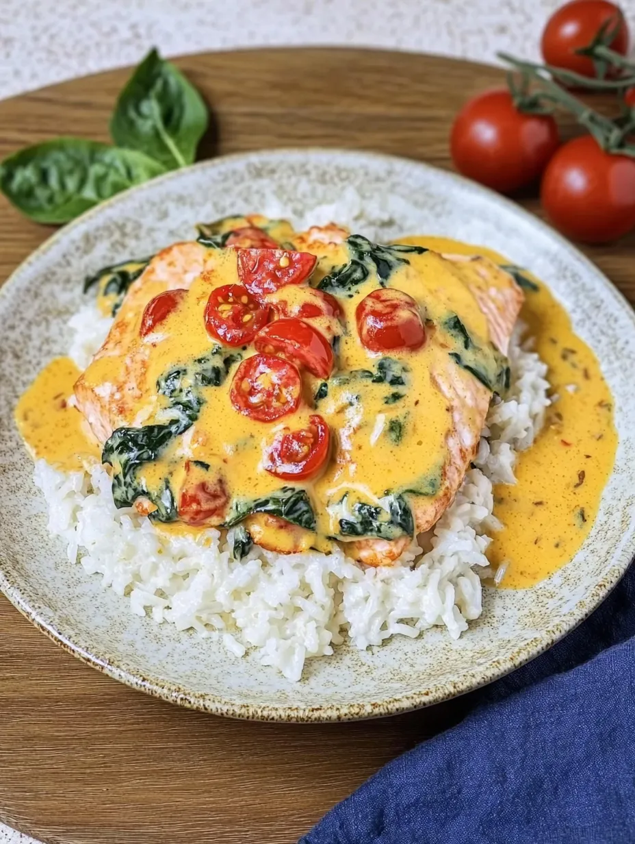 Ein Lachsfilet in Parmesansauce mit Kokosreis auf einem Teller.