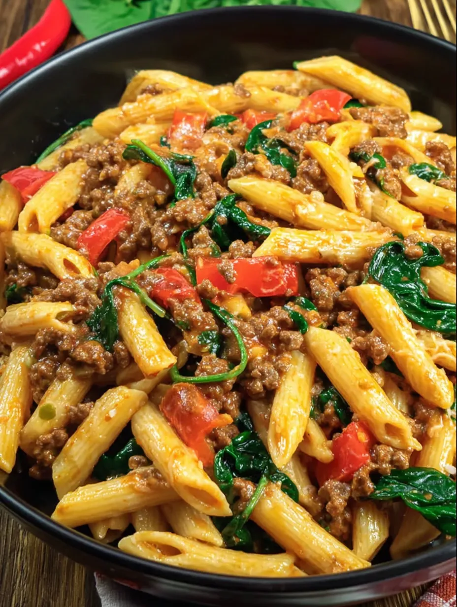 Ein Bild von Pasta mit Tomaten, Zwiebeln und Rindfleisch.