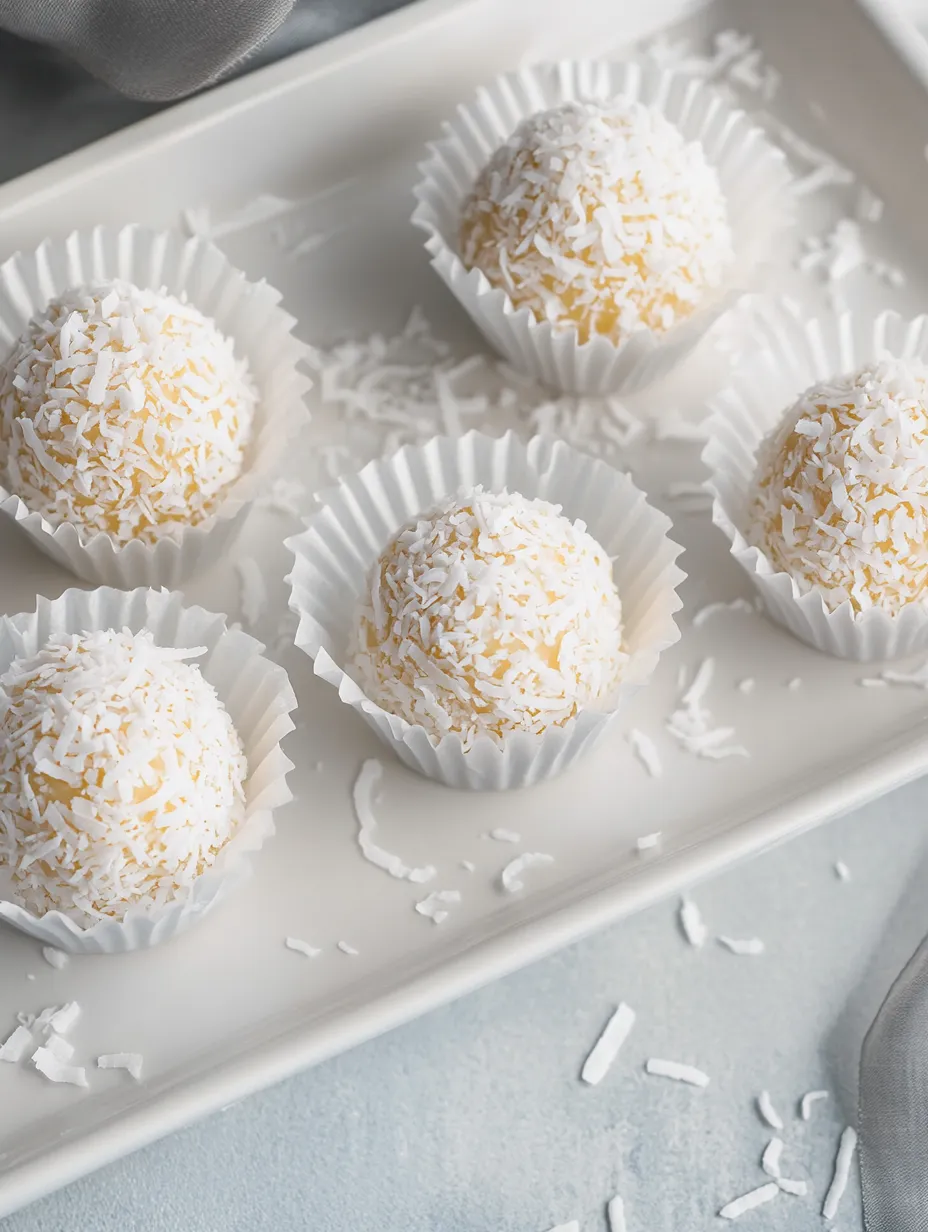 Eine Platte mit sechs weißen Beuteln, die mit Raffaello selber machen beschriftet sind.