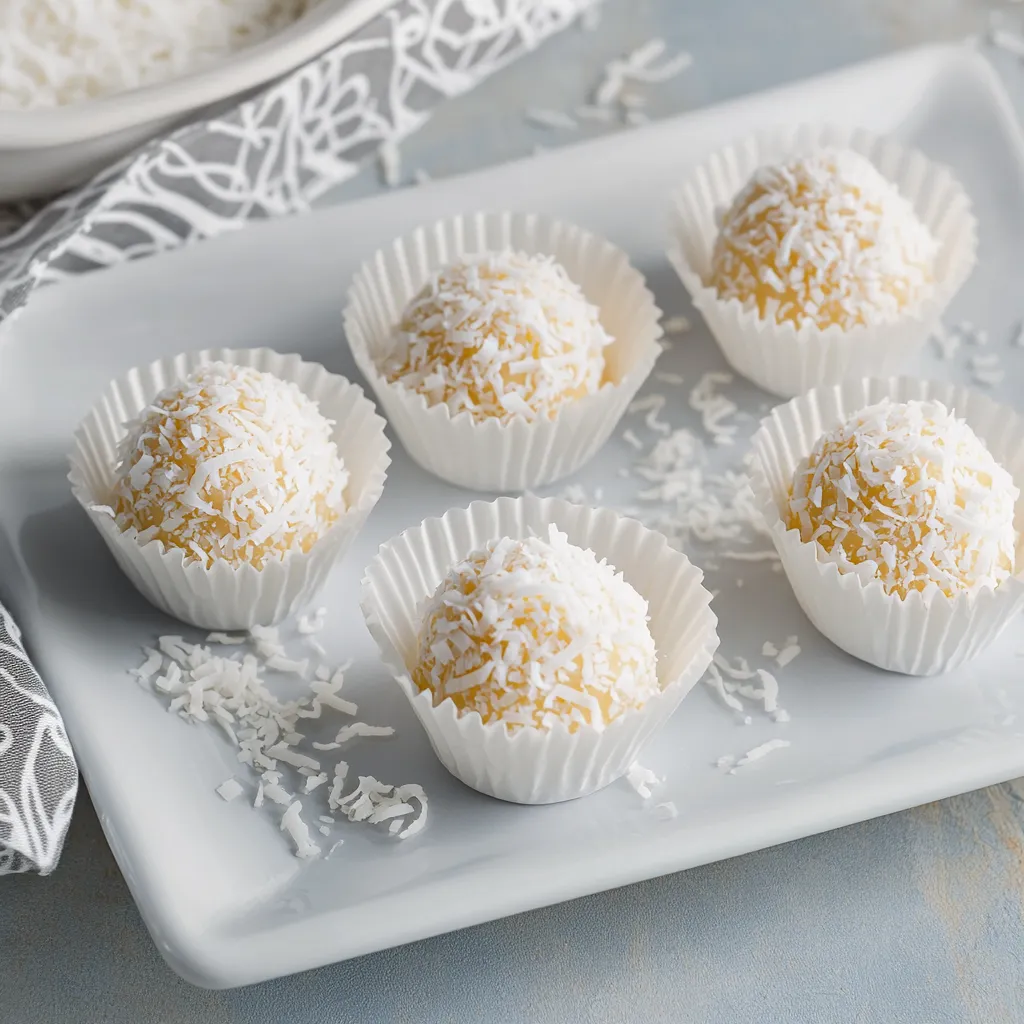 Eine Platte mit sechs weißen Beuteln, die mit Raffaello selber machen beschriftet sind.