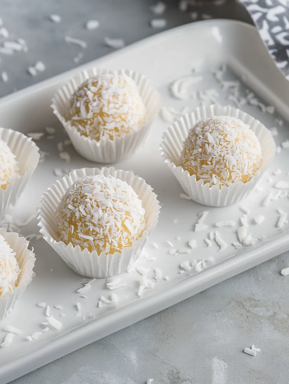 Eine weiße Platte mit sechs weißen Beuteln, die mit Raffaello selber machen beschriftet sind.