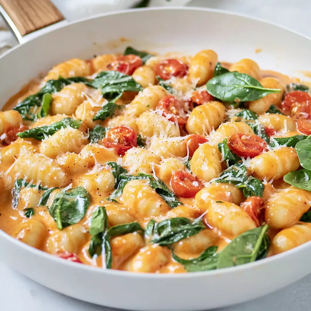 Eine Gnocchi-Pfanne mit Spinat und Tomaten.