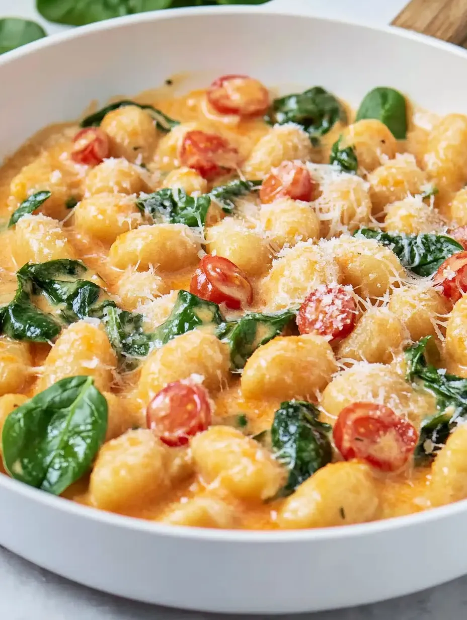 Eine Pfanne mit Gnocchi, Spinat und Tomaten.