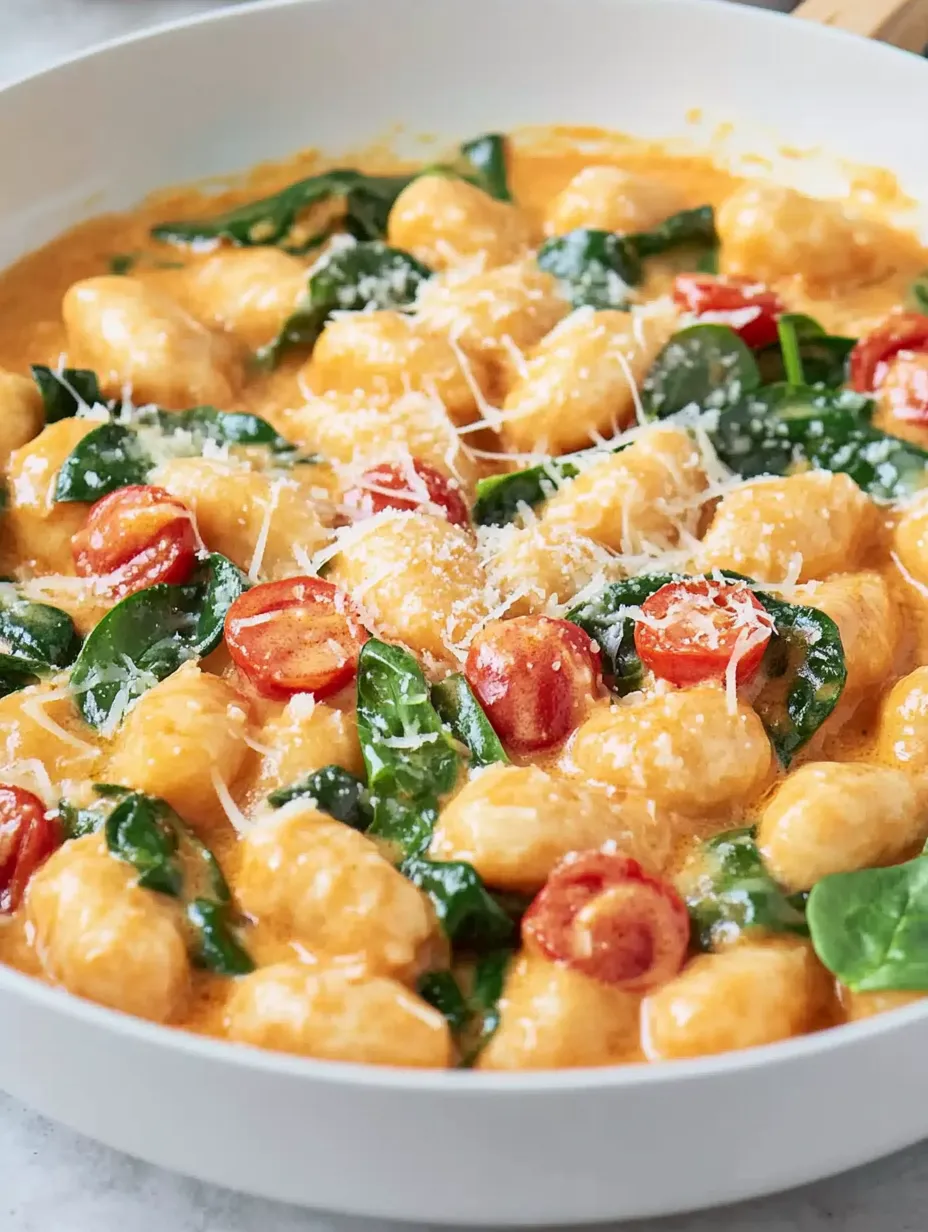 Eine Pfanne mit Gnocchi, Tomaten, Spinat und Parmesan.