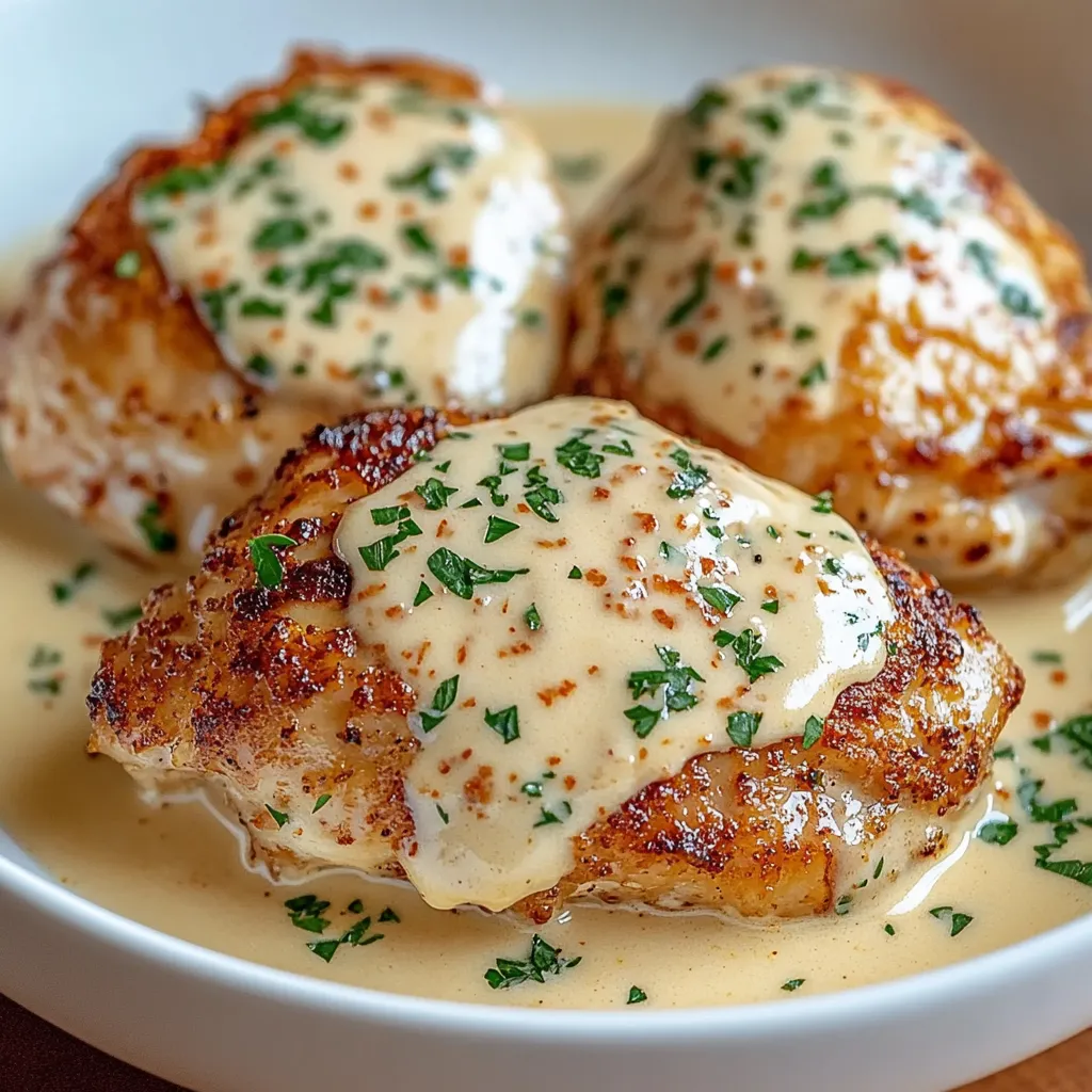 Ein weißer Teller mit Hühnchen in einer cremigen Sauce, die mit Parmesan und Frischkäse zubereitet wurde.
