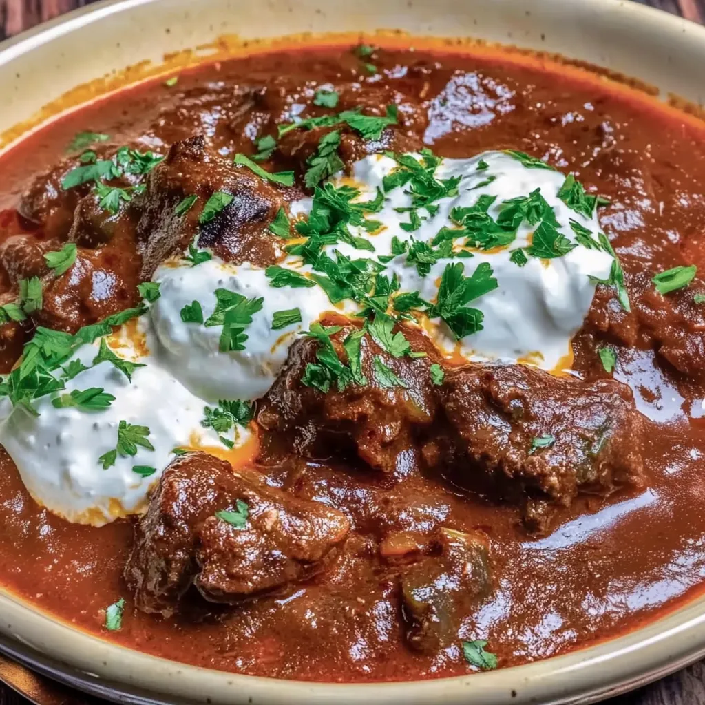 Ein Schalen mit Rindergulasch, der mit Rotwein zubereitet wurde.