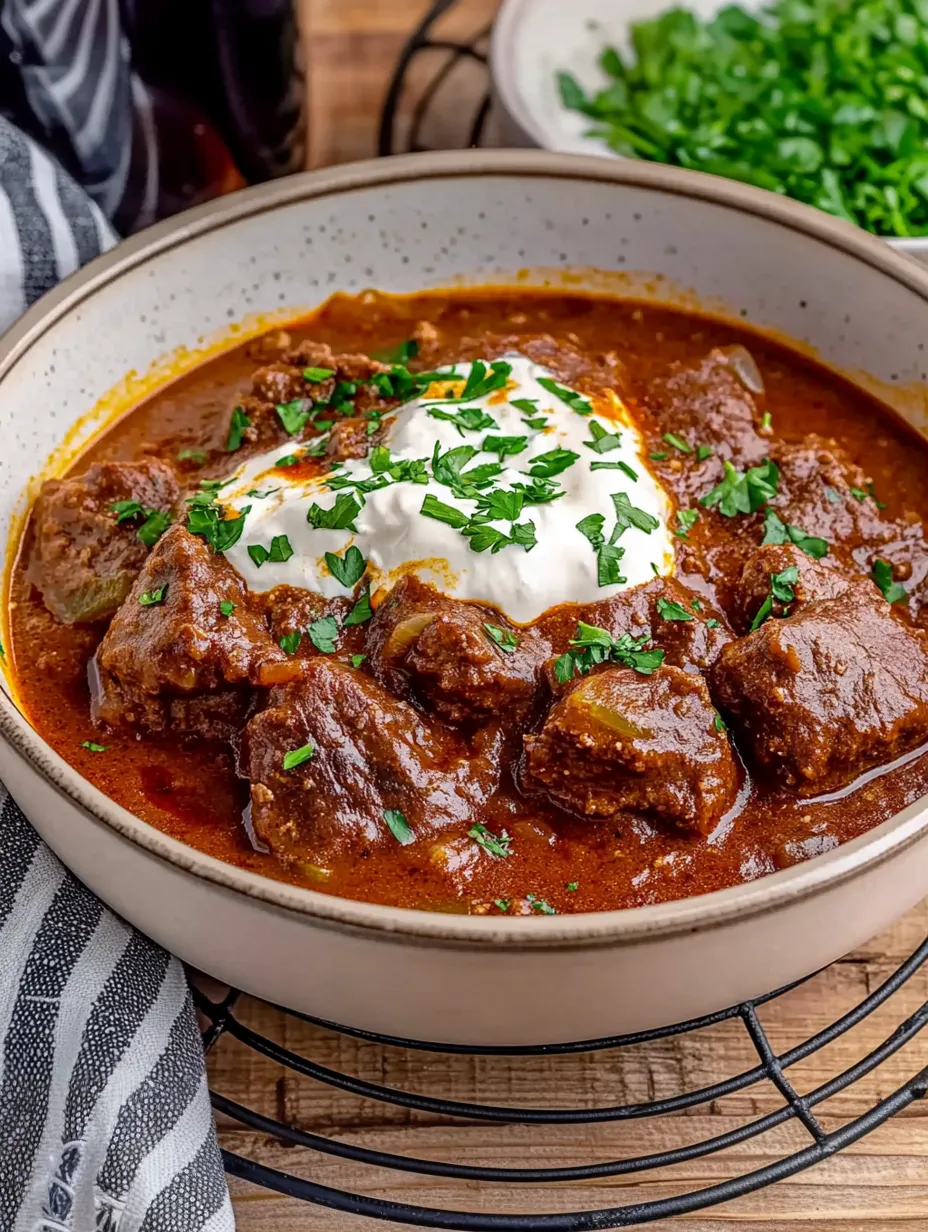 Ein Schalen mit Rindergulasch, der mit Rotwein zubereitet wurde.