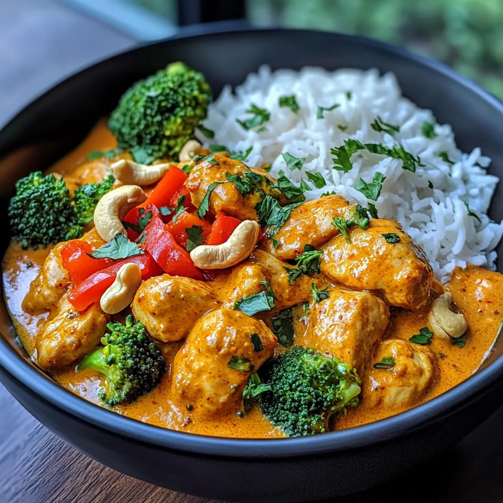 Ein schwarzes, glänzendes Bowl mit einer Mischung aus Nudeln, Kokosnudeln, Kichererbsen, Kartoffeln, Broccoli, Tomaten, Zwiebeln und Gewürzen.